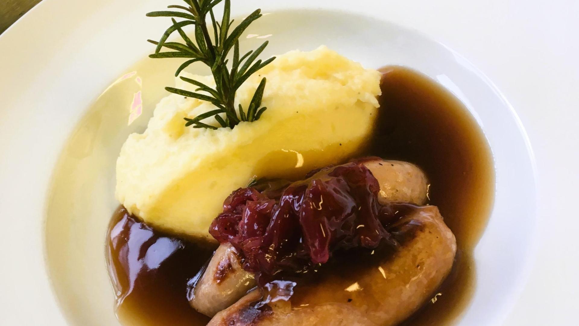 Beautiful food at Orchard Care Homes Sausage, mash and gravy, cooked by a chef at Orchard Care Homes